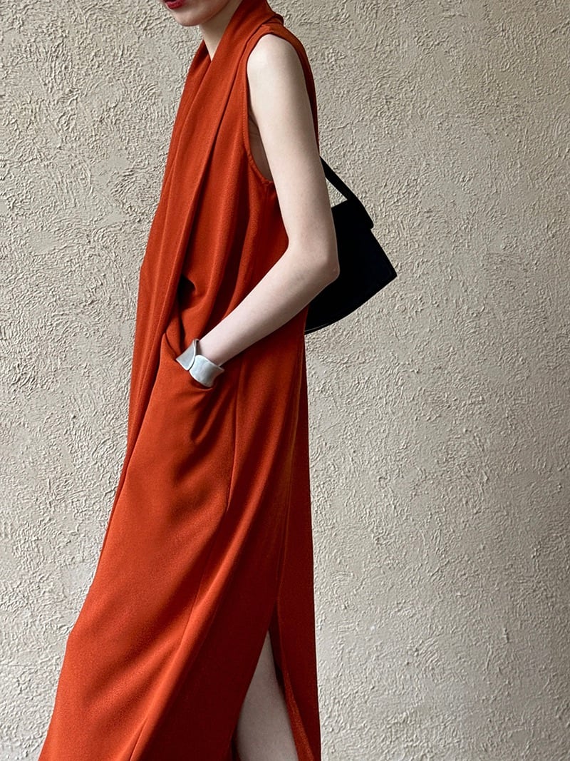 Retro style V-neck sleeveless twisted waist dress 2color [T2378
