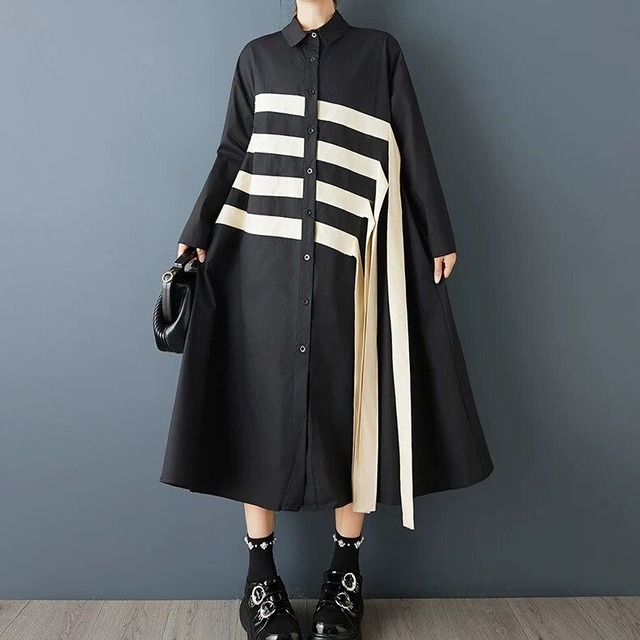 LINE STITCHED A-LINE MIDI SHIRT DRESS 2colors M-16168