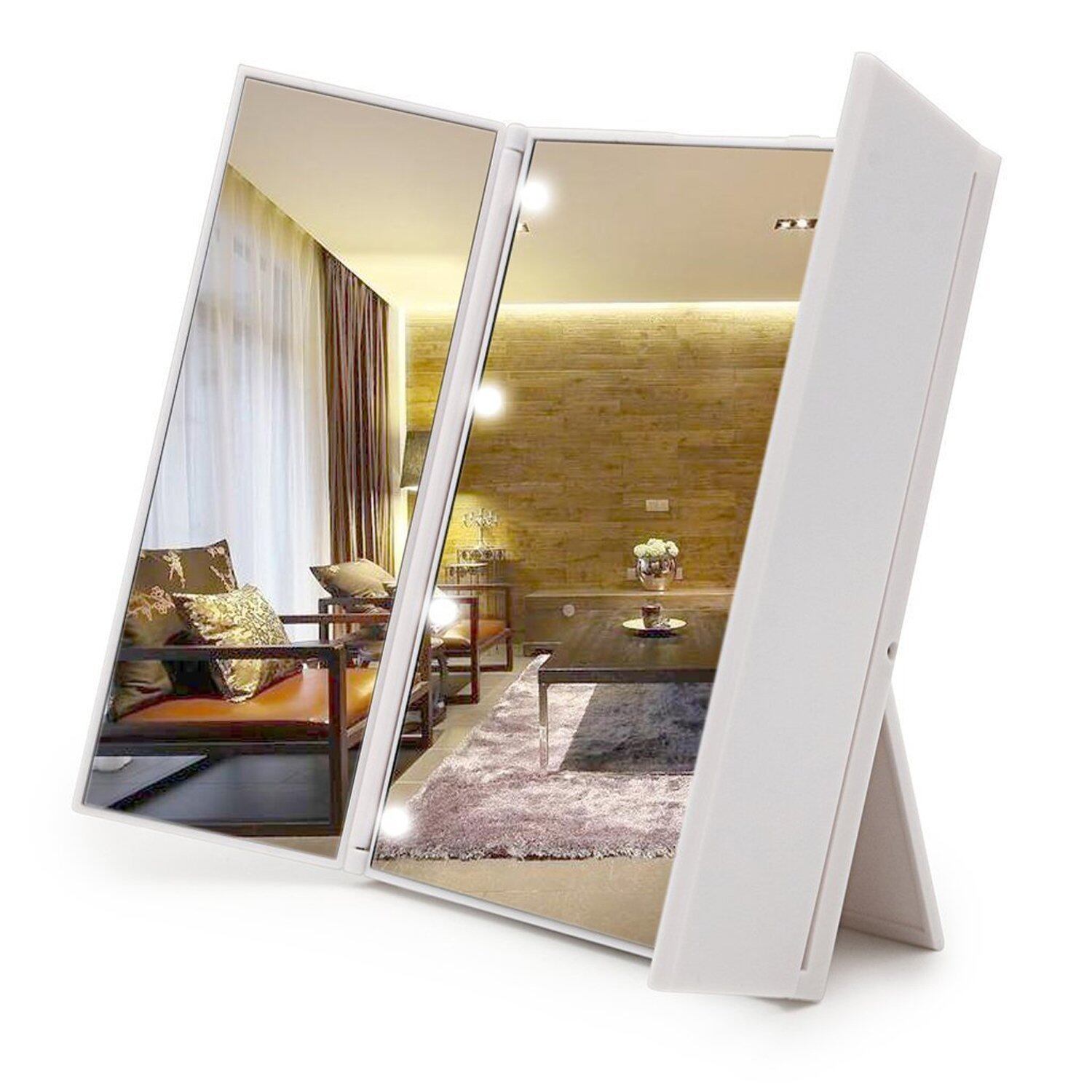 ハート型ライトが可愛い LEDライト付き 三面鏡 【ホワイト】卓上ミラー 化粧鏡 折りたたみ式 LEDライト コンパクトサイズ 角度調整可能 小型 ブラック