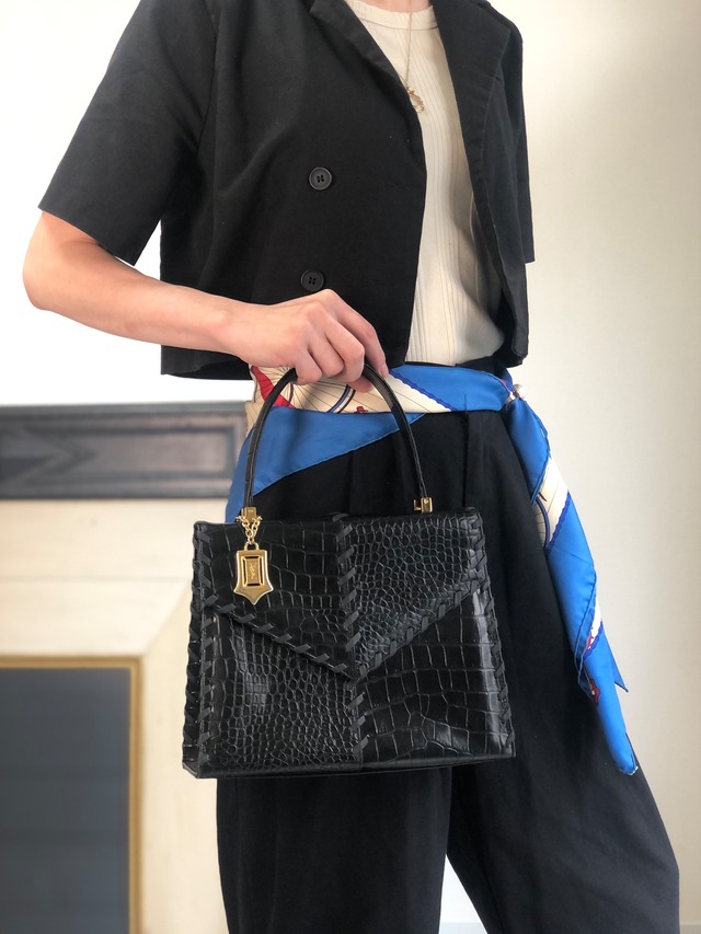 Yves Saint Laurent イヴ・サンローラン ハンドバッグ ブラック YSL チャーム レザー クロコ型押し vintage ヴィンテージ オールド dxsc3k
