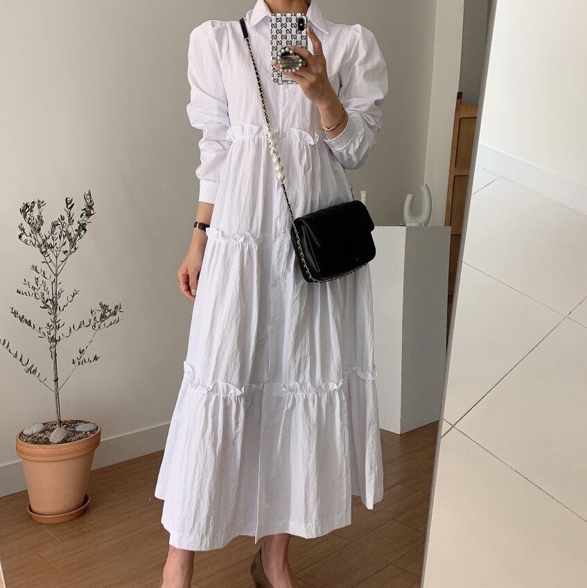 ワンピース レディース ロングワンピース ミモレ丈 長袖 フリル ティアード 白 ホワイト 大人可愛い きれいめ 上品 エレガント フェミニン おしゃれ お洒落 お嬢様 ラブリー キュート ガーリー レトロ ロマンチック 華やか 無地 通学 デート お出かけ 女子会 休日 パーティー カフェ巡り 送料無料 シャツワンピース ブラック 黒 春 秋 冬 10代 20代 30代 韓国 韓国系 着回し 体型カバー モテ トレンド 流行 ロングドレス 襟付き カラー インスタ映え お散歩 カフェ巡り 空旅
