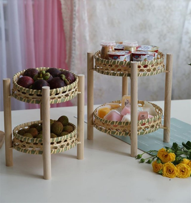 お急ぎください 手作り竹籠 収納バスケット 2層 籠 陳列台 フルーツプレート ちりとり 家庭 竹織物