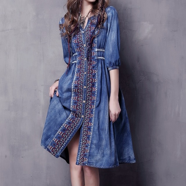 ワンピース レディース 送料無料 シャツワンピース デニム 刺繍 幾何学模様 ボヘミアン 切り替え キーネック 前開き ウエストベルト ミディアム丈ひざ下 無地 五分袖 クルーネック ゆったり ボリューム 体型カバー おしゃれ 大人カジュアル きれいめ ブルー 無地 シンプル かっこいい ワンピ 春 秋 10代 20代 30代 韓国ファッション オルチャン S M L XL
