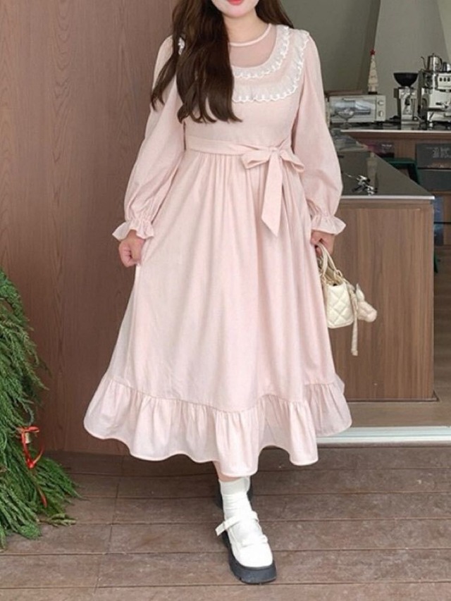 お呼ばれからデートまでドラマティックに♪ ウエストリボンフェミニンワンピース 大人可愛い 清楚 フリル リボン ガーリー フェミニン お呼ばれ デート ロング丈 体型カバー 大きいサイズ 韓国 CH11549