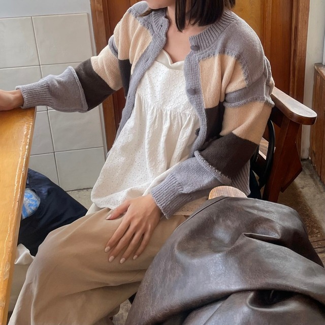 カラーデザインニットカーディガン【グレー】.