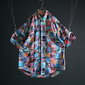 over silhouette mulch-color patchwork design button down shirt