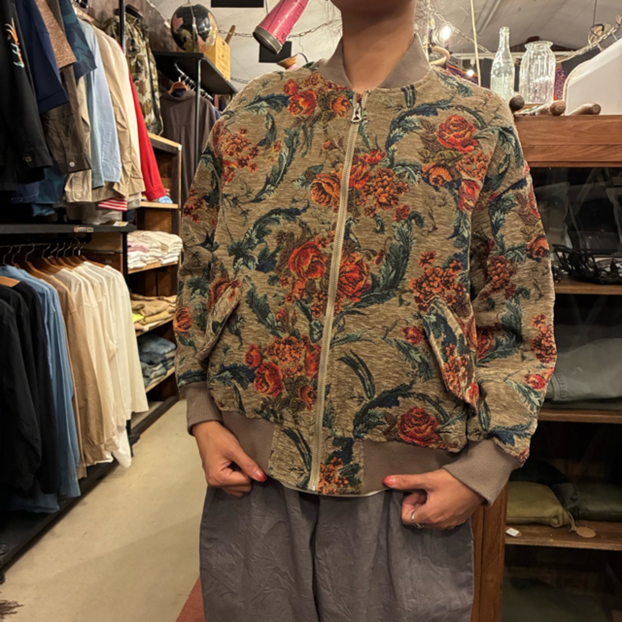 TISSU　ティシュ　ゴブランリブブルゾン　ベージュゴブラン　ゴブラン織り　花柄　ジップ　ジャケット　アウター　日本製
