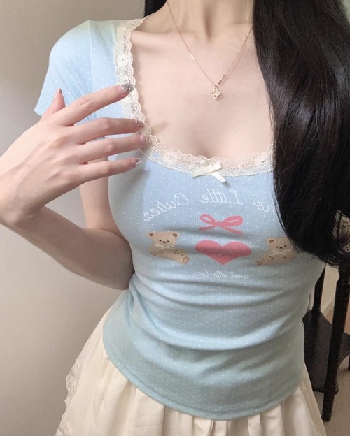 3色/レースネックドットプリントTシャツ ・78621
