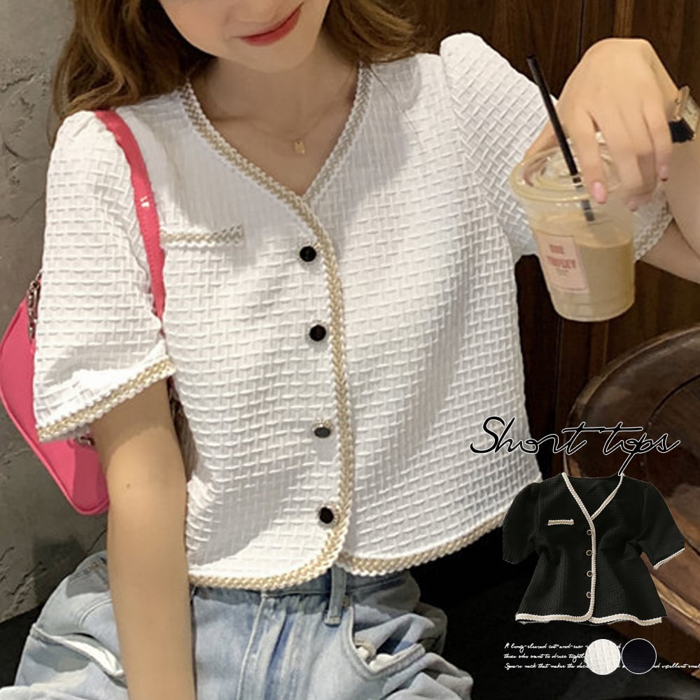 ツイード風半袖ジャケットレディース韓国風