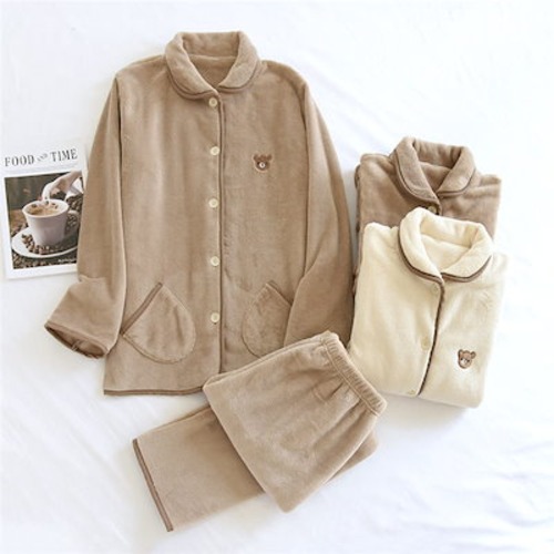 ベロア ルームウェア 冬 パジャマ レディース 長袖 部屋着 セットアップ 2点セット 寝間着 春 秋 冬 寝巻き 上下セット 前開き ナイトウェア 熊柄 大きいサイズ ふわふわ もこもこ ロングパン