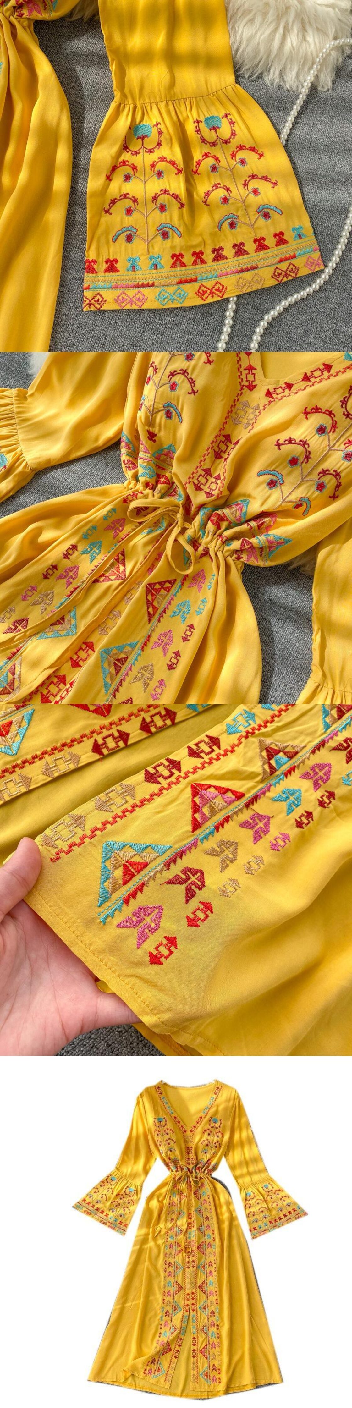 夏の女性のドレス重工業刺繍 V ネック巾着トランペット袖エスニック 
