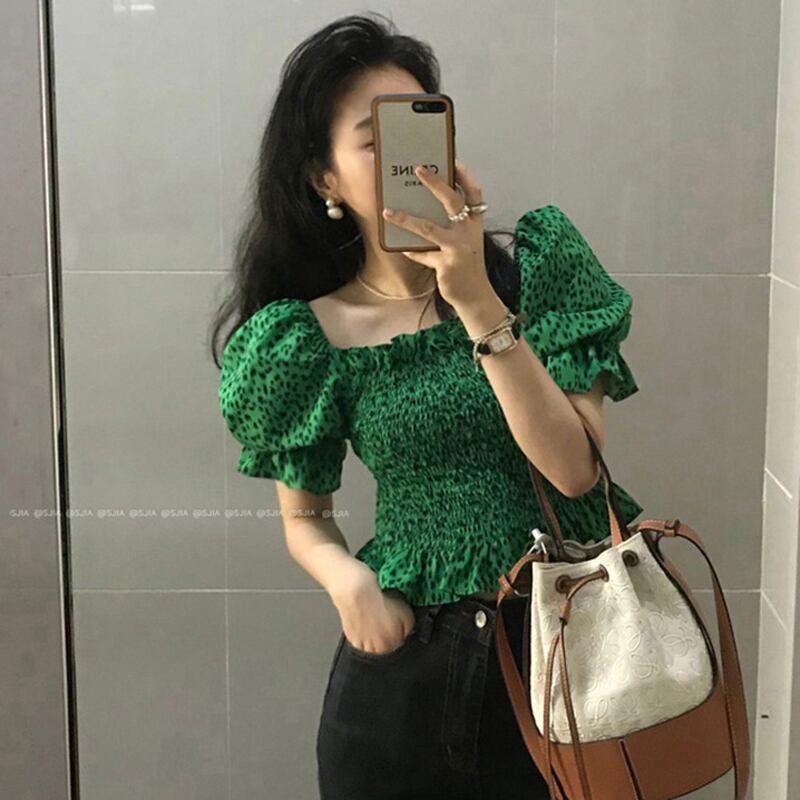 ストレッチプリーツトップス サマースタイルスリムハイウェストウェストスリーブレオパードプリント柄ショートシャツ エラスティック 伸縮 夏物 ビッグFスモールZ韓国53936728248
