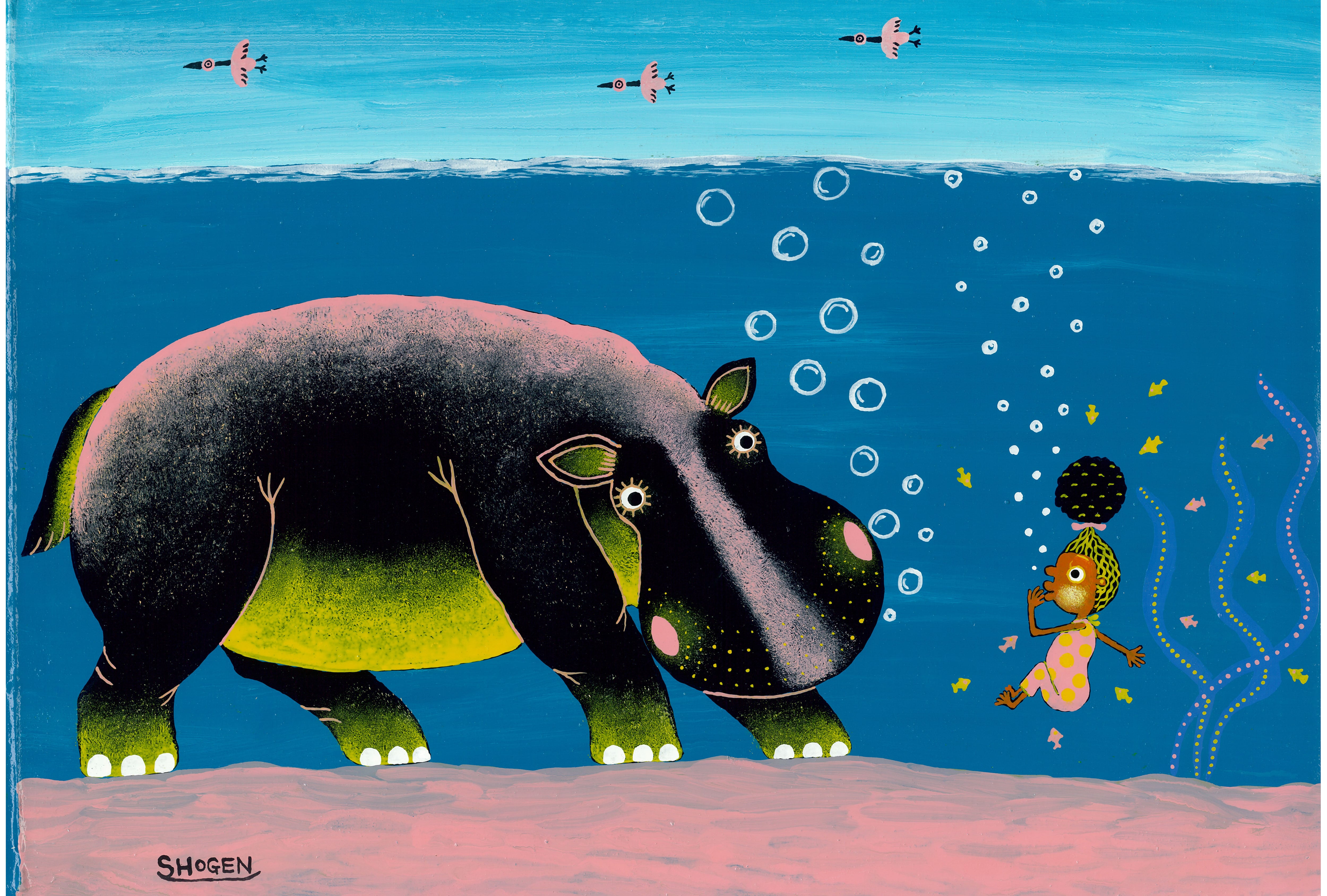 「カバとエンジョの潜水対決」キャンバス地レプリカ(A2サイズ)