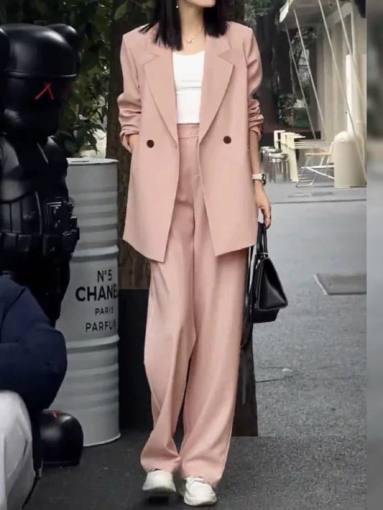 オンオフ問わず着こなせる テーラードジャケット×ストレートパンツスーツ セットアップ 2点セット 長袖 お洒落 トレンド きれいめ カジュアル 大人 美シルエット 体型カバー 大きいサイズ 韓国 CH9842