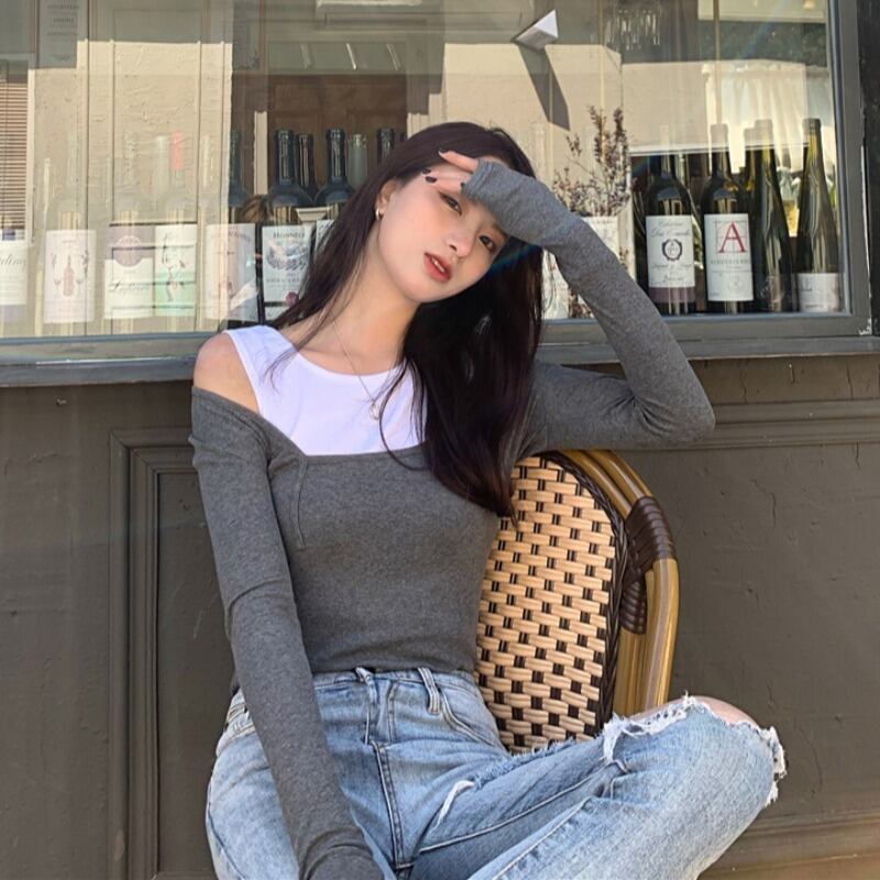 グレーブラウス オータムクロップドショートカラーシャツ Tシャツ ロング 秋物 ハンチェンe29840368461