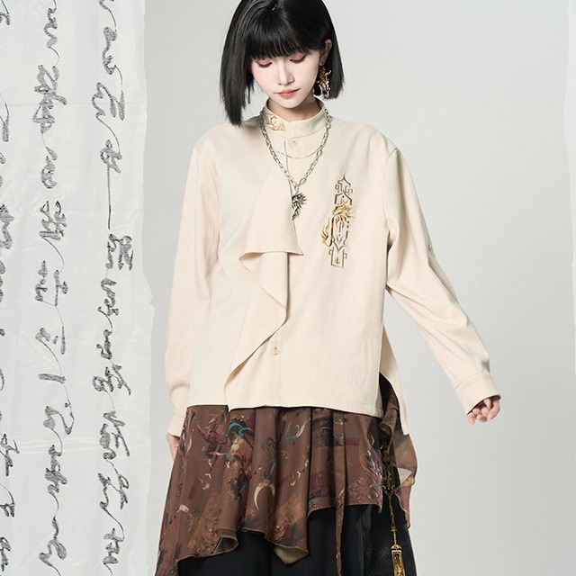 ゴスロリ通販 With U チャイナ風 シャツ ドレスシャツ 刺繍 スタンドカラー 男女兼用 スタイリッシュ 大人増し 卿棠