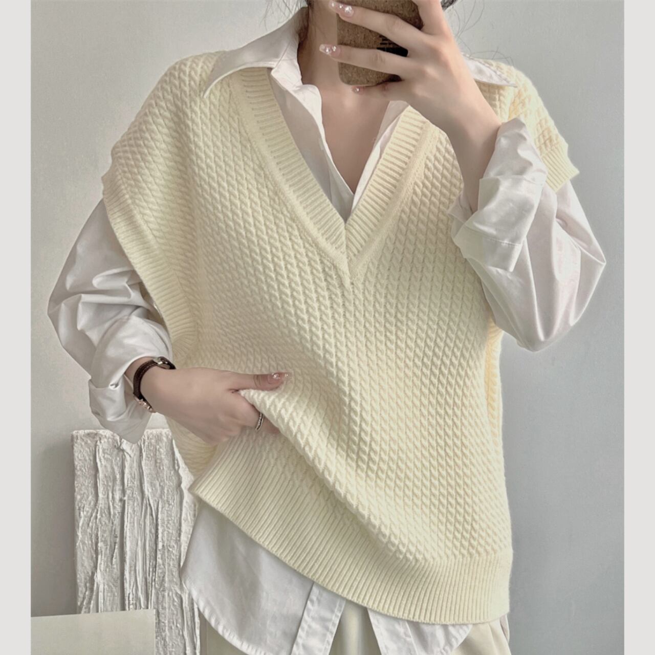 ケーブルVネックベスト a0325