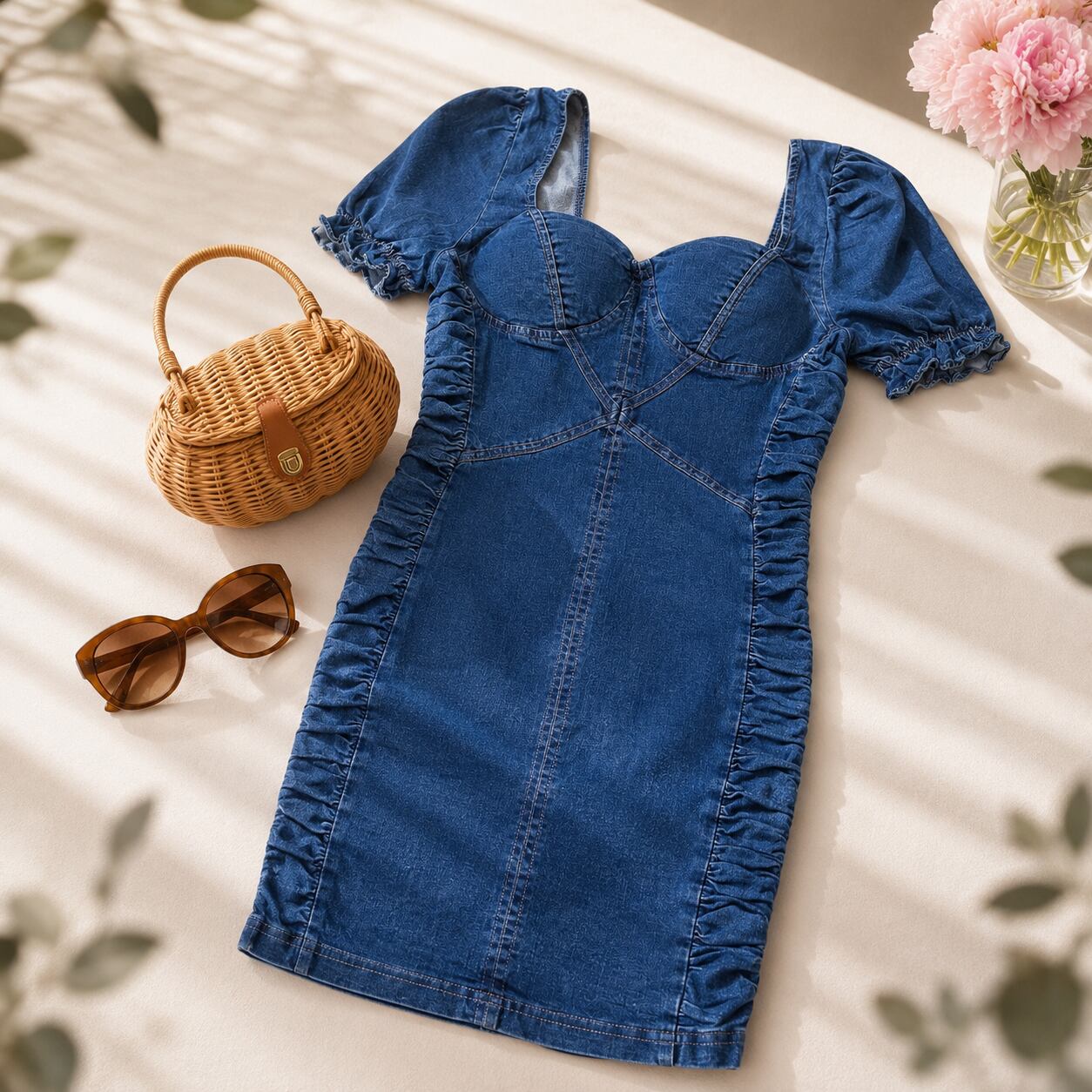 Puff sleeve denim dress