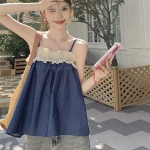 ビスチェ トップス キャミソール フリル ショート丈 フレア リボン ペプラム デニム スリット ショート丈 ノースリーブ かわいい 大人可愛い シンプル カジュアル きれいめ おしゃれ お洒落 キュート 存在感 春 夏 レディース ママ 女の子 学生 通学 デート お出かけ 女子会 休日 普段使い 韓国風 オルチャン 脚長 S M L XL ブルー