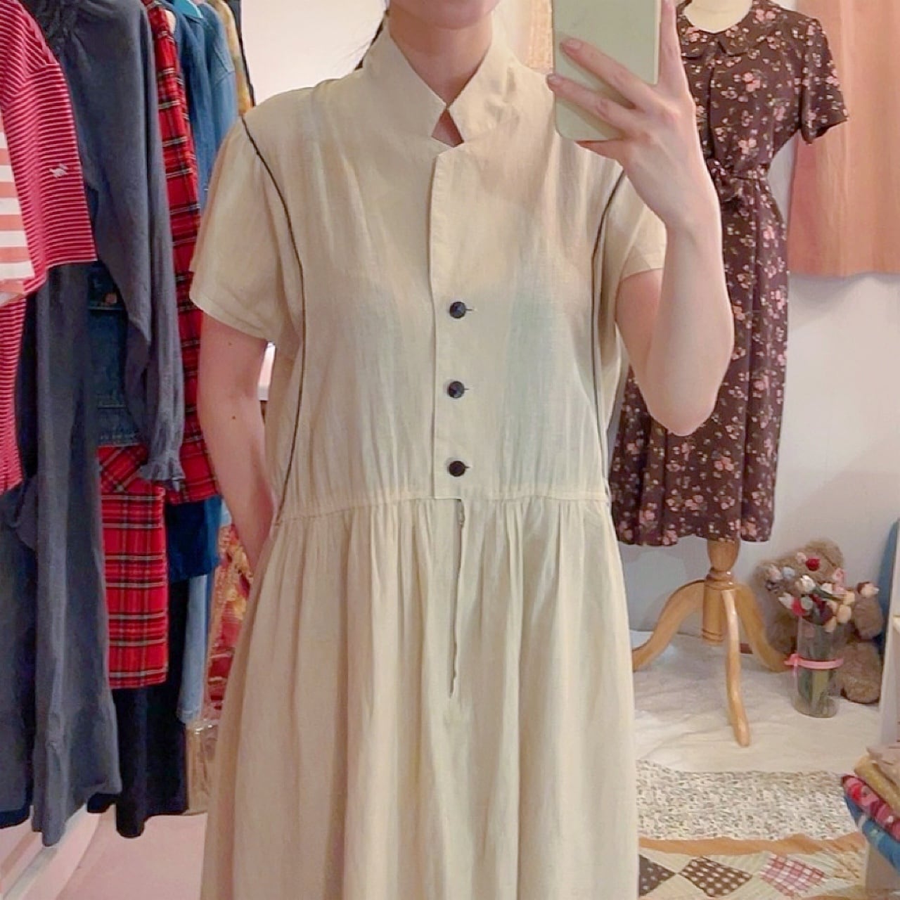 beige open collar one-piece