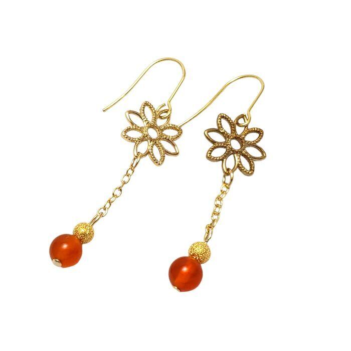 パワーストーン ピアス オレンジ カーネリアン 天然石 7月 誕生石 レディース おしゃれ かわいい ゆらゆら 花 ゴールド 金属アレルギー 対応 ギフト イヤリング変更可 メール便送料無料 アクセサリー