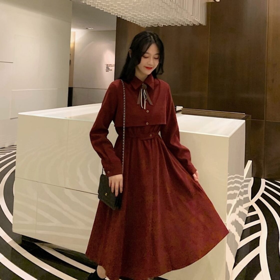 未使用品 ボリュームフレアミモレ丈シャツワンピース 素敵なベルトも  