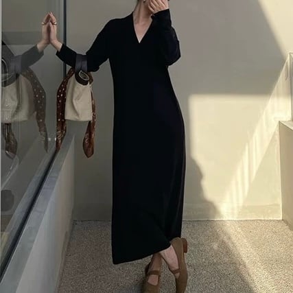 長袖 マキシ丈 カシュクールネック ワンピース YH9716