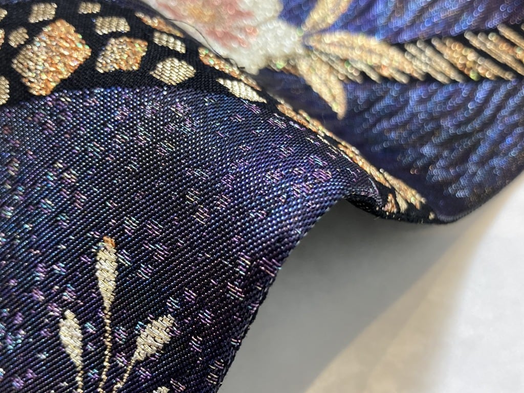 未使用 膨れ織り 唐織り唐花 正絹 金糸 袋帯 紺 紫 614 | kimono 未使用 膨れ織り 唐織り唐花 正絹 金糸 袋帯 紺 紫 614 | kimono