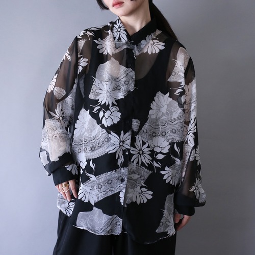 "black×white" flower art pattern sheer shirt