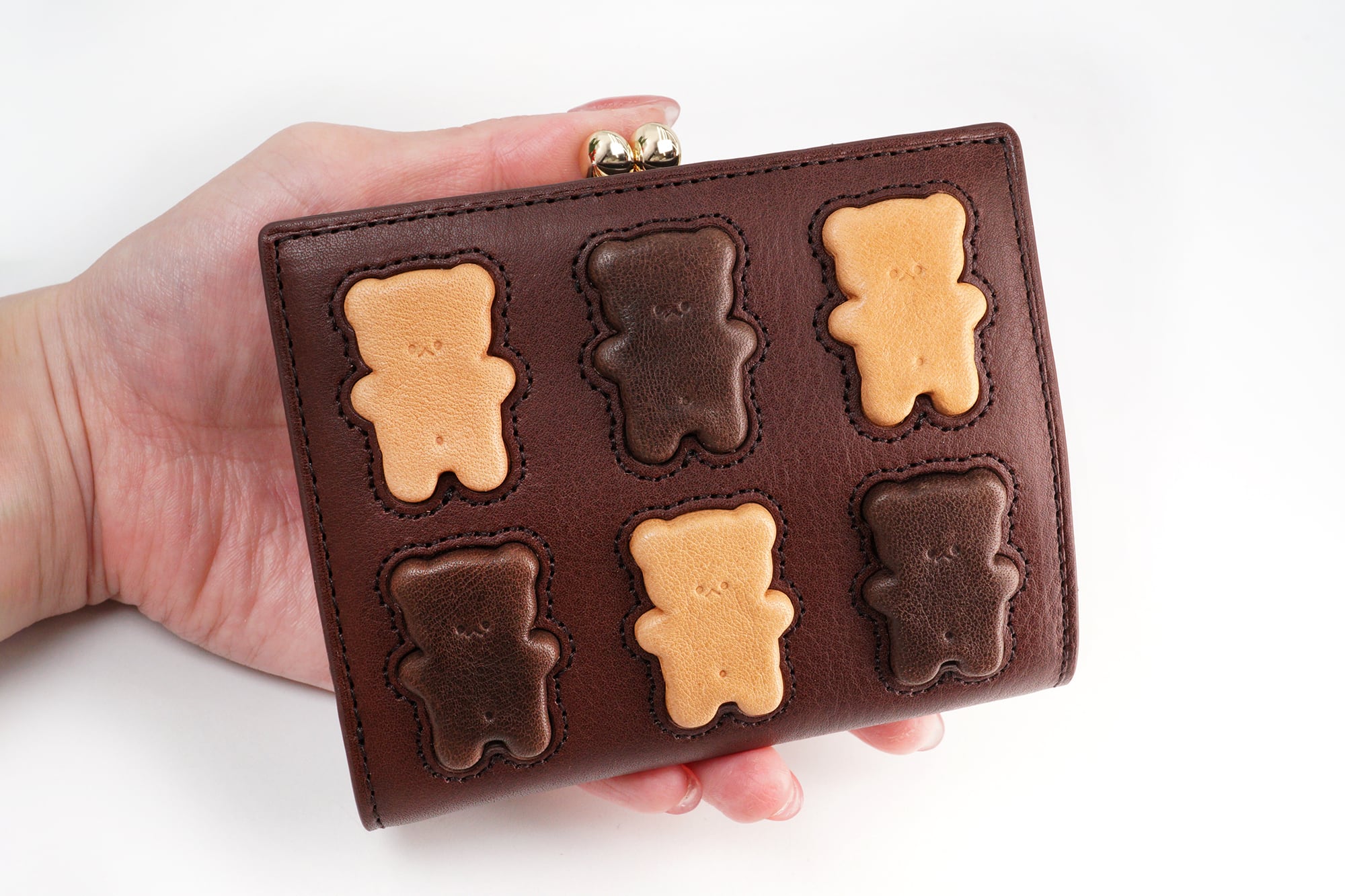 くまちゃんブラウニー2つ折りがま口財布（牛革製）／お菓子な革小物