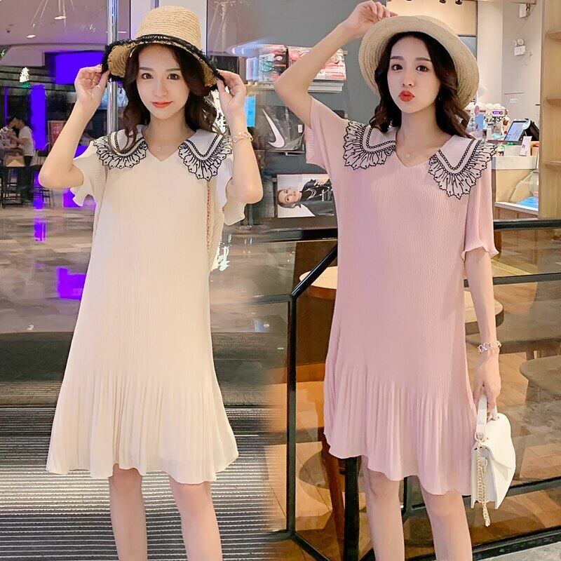 【新作】【送料無料】 マタニティ服サマーシフォンミッドロングマタニティドレス服妊婦プリーツママドレス 夏物 AL expec398641047460