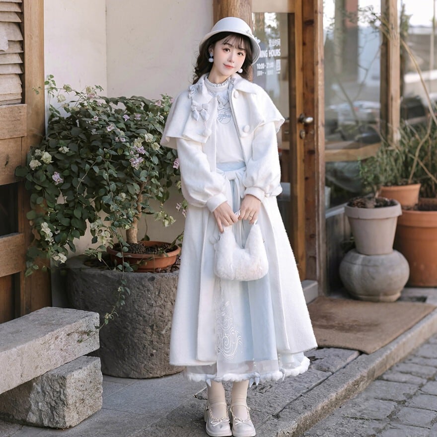 冬のお茶会 お出かけ 甘ロリ 雪だるま刺繍ケープコートとお城柄スカート 豪華3点セット