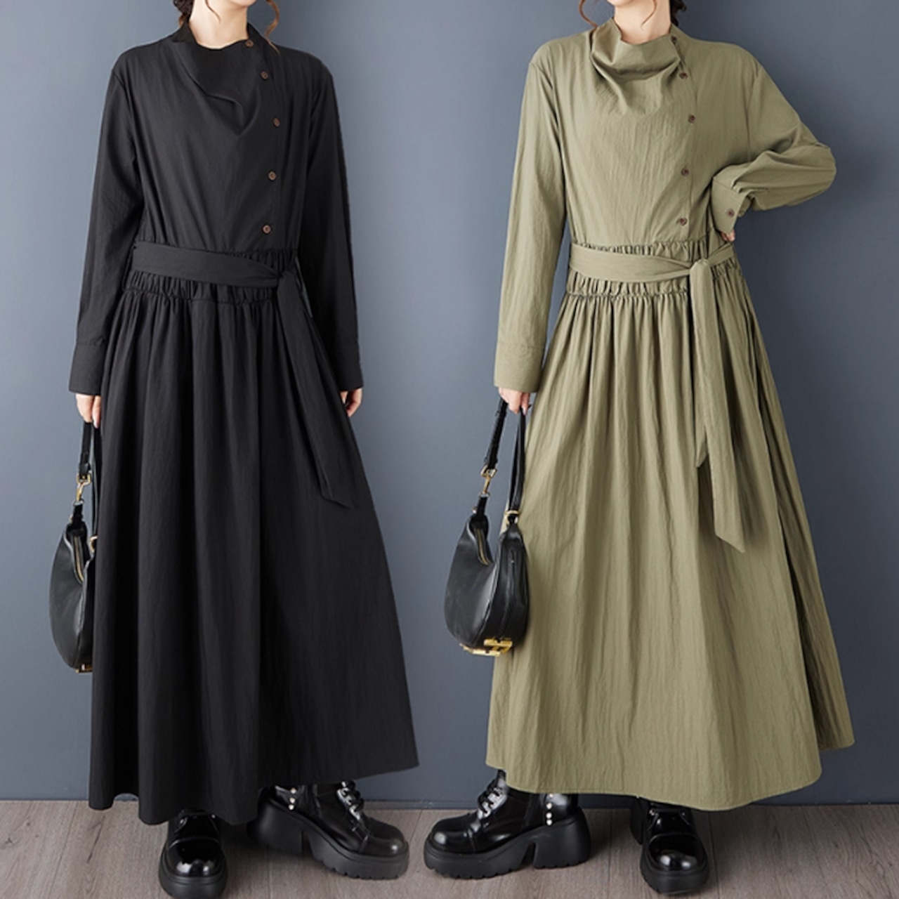 ドレープネック ギャザー ワンピース 00123