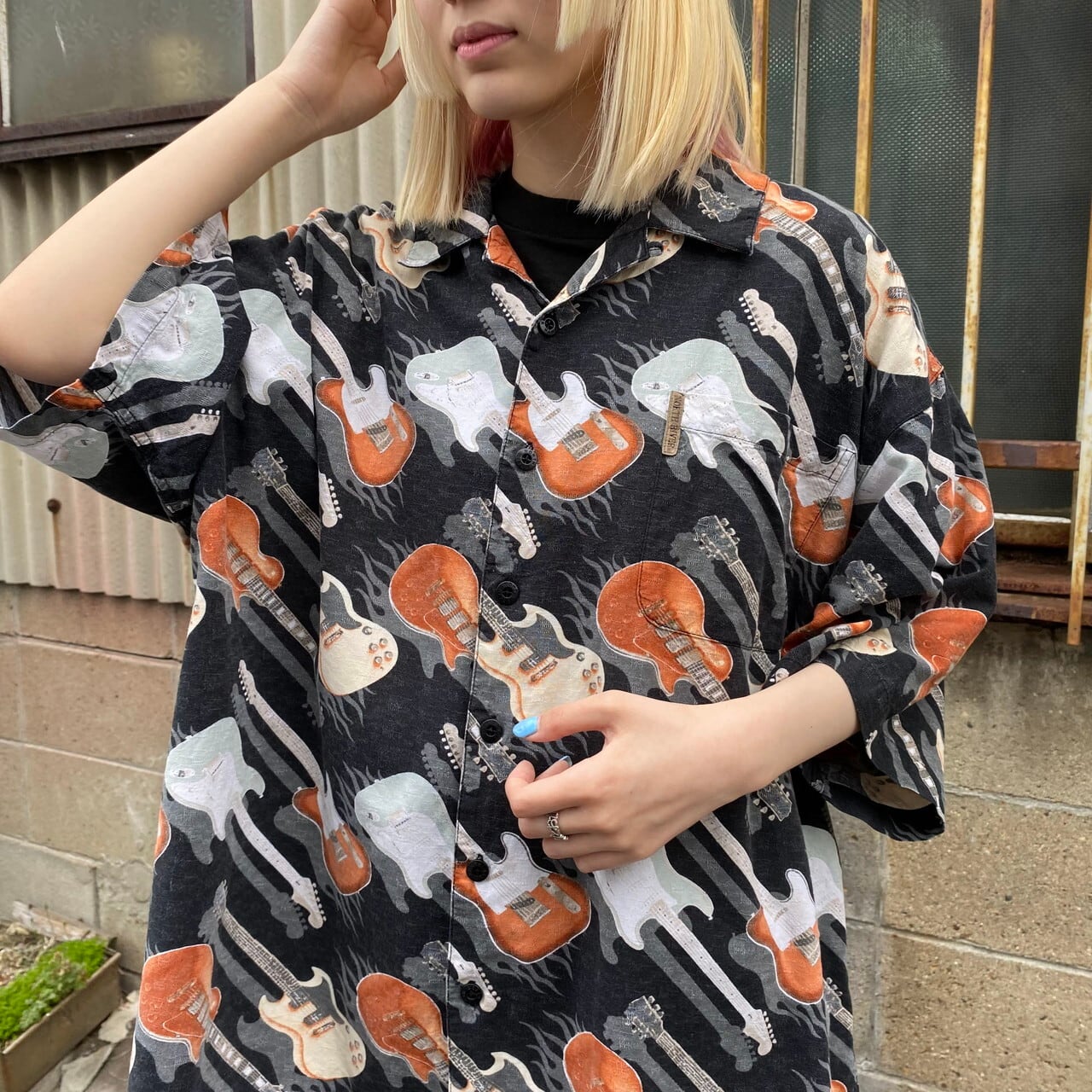 ビッグサイズ NORTH RIVER コットン×レーヨン ギター ファイヤー柄