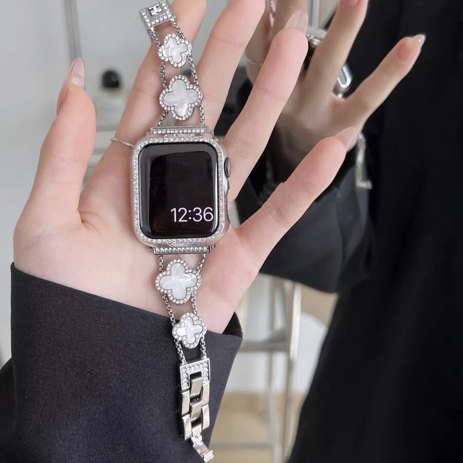 Silver×White Shining Clover Apple Watch Band キラキラクローバーApple Watchバンド R01248  RandS