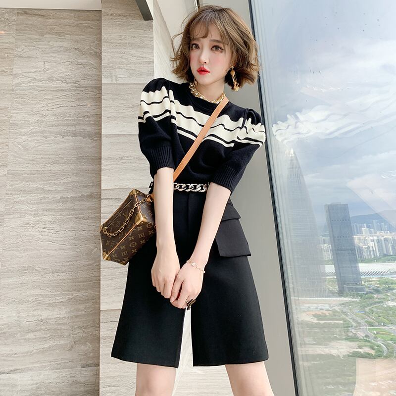 ストライプラウンドネックニット ワイドレッグパンツ セット Oネック ワイドパンツ ステッチ MIUCO36648709083