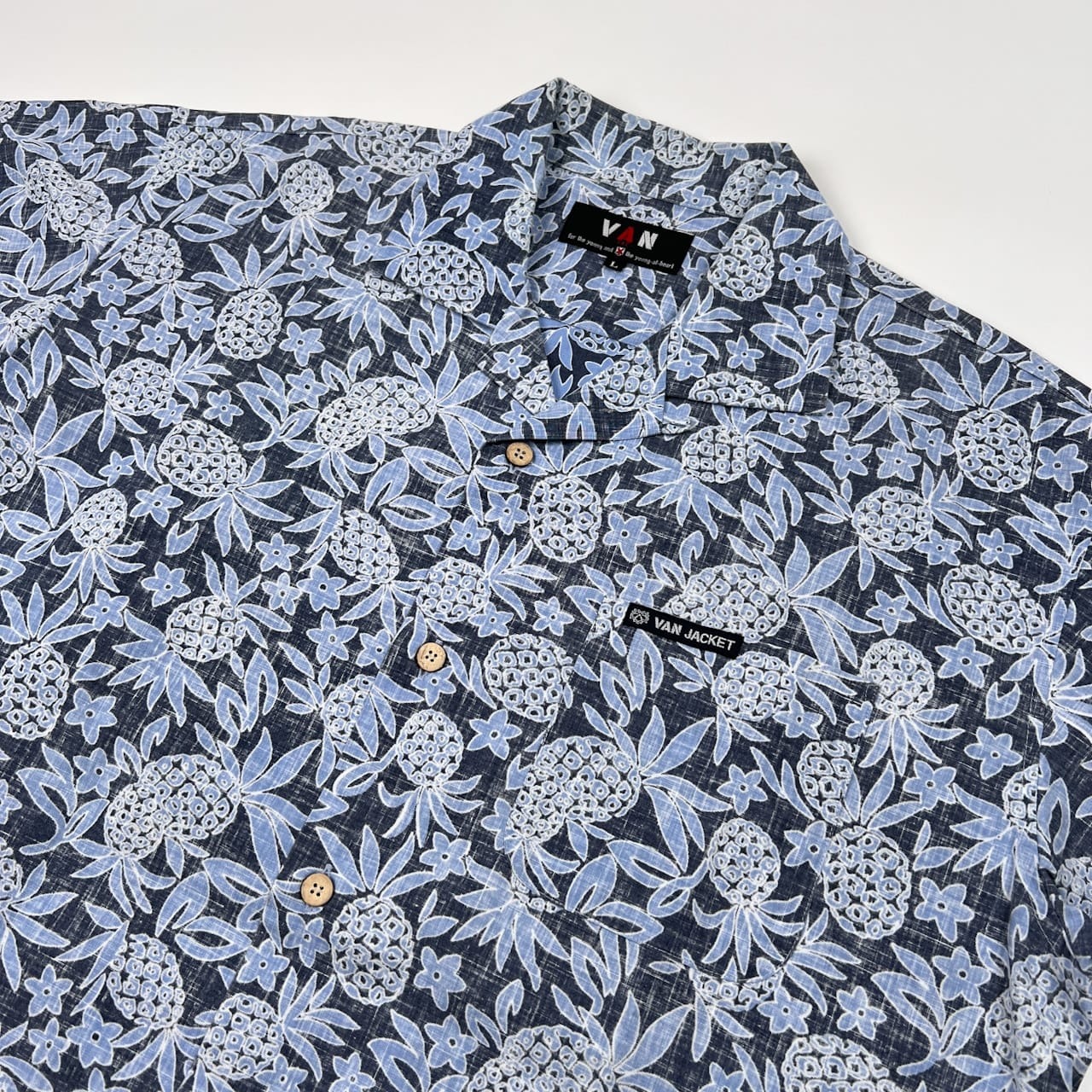 VAN JAC ヴァンヂャケット パイナップル 総柄 半袖 アロハシャツ サイズ L /メンズ/日本製/ネイビー×水色系