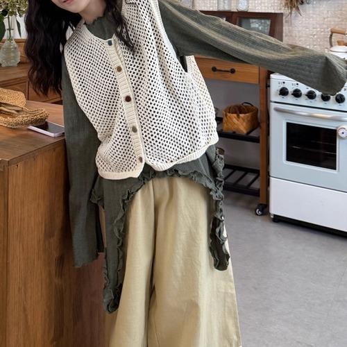 【2点セット】透かし編みニット＋アシメフリルブラウス ・8344