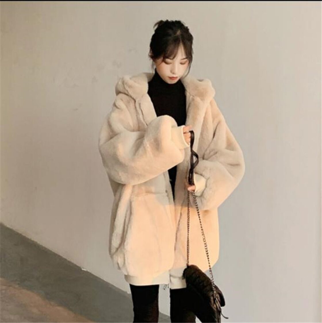 大人の秋コーデに韓国版 中・長セクションジッパー 模造ウサギ毛皮 