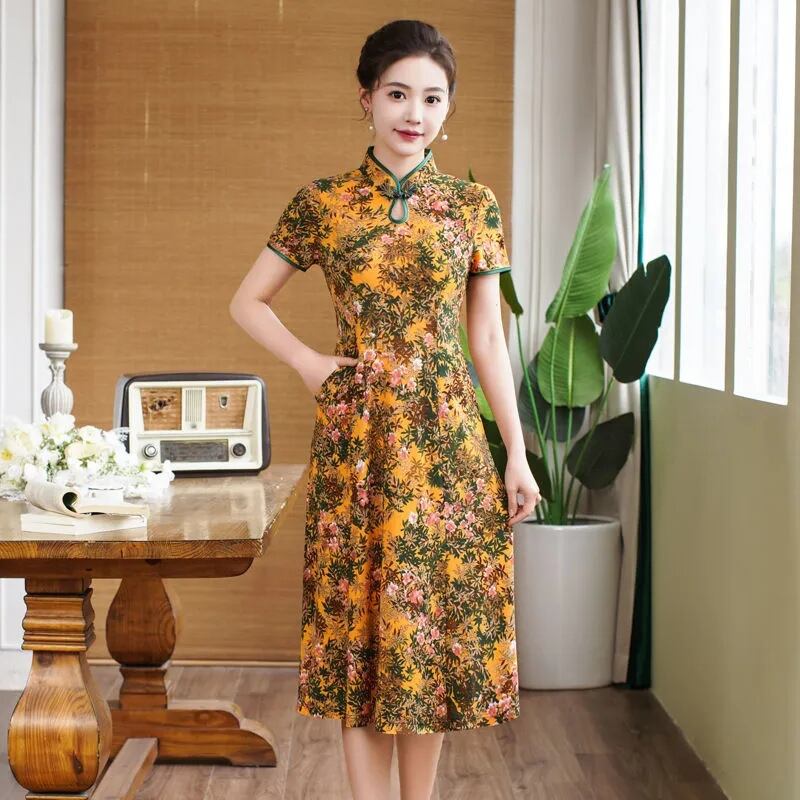 【新作】【送料無料】 夏の新改良版チャイナドレススカート女性ミドル丈中高年ゆったり大きいサイズ半袖ドレス 0230650723302