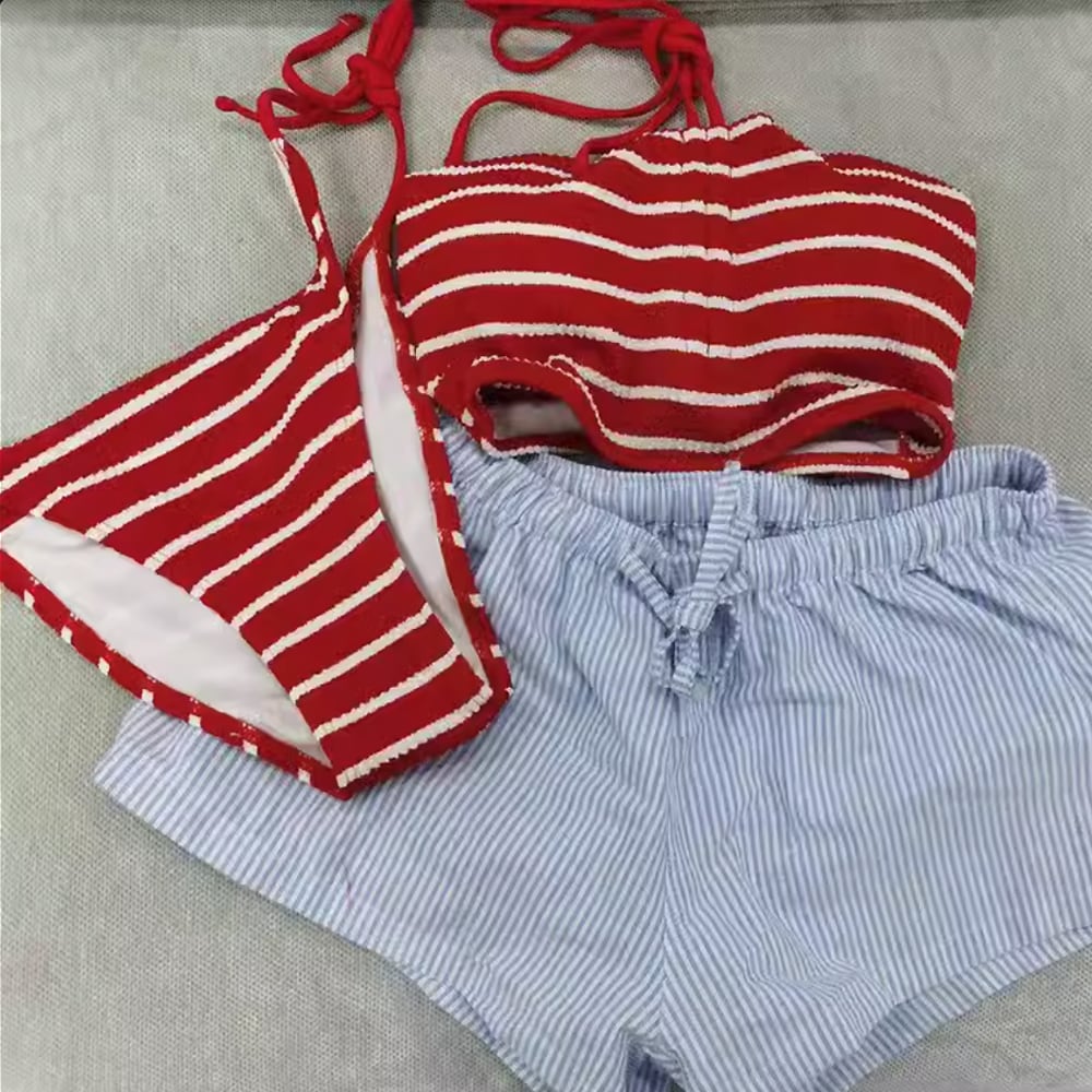 水着 レディース ビキニ 3点セット ショートパンツ付き ボーダー柄 赤