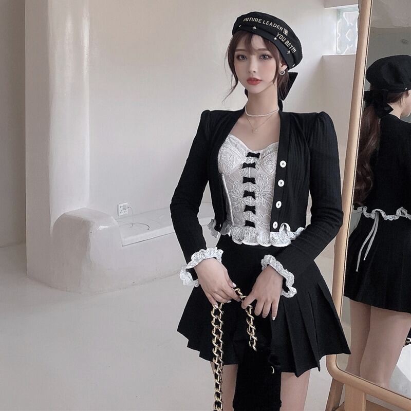 秋のスリーピースショートカーディガンレースセクシーブラ気質ホワイトシャツ2020新しいファッションスーツの女性 ドラファッションホール97289399517