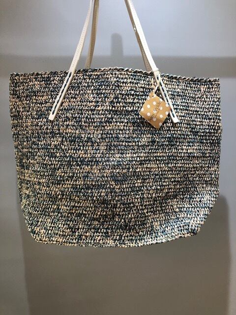 Sans Arcidet(サンアルシデ)BEBY BAG S Handle:C Col.The,Natural/Jean Mixed ラフィアトートバッグ 白エナメルハンドル マダガスカル製