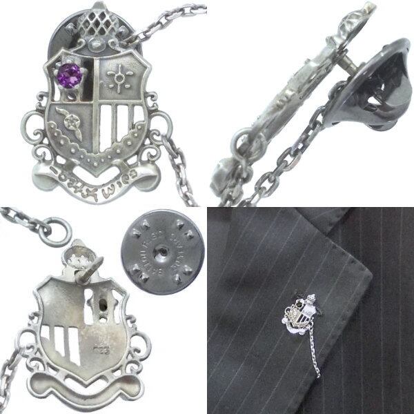 2月)アメジスト シールド エンブレム チェーン シルバー ピンバッジ