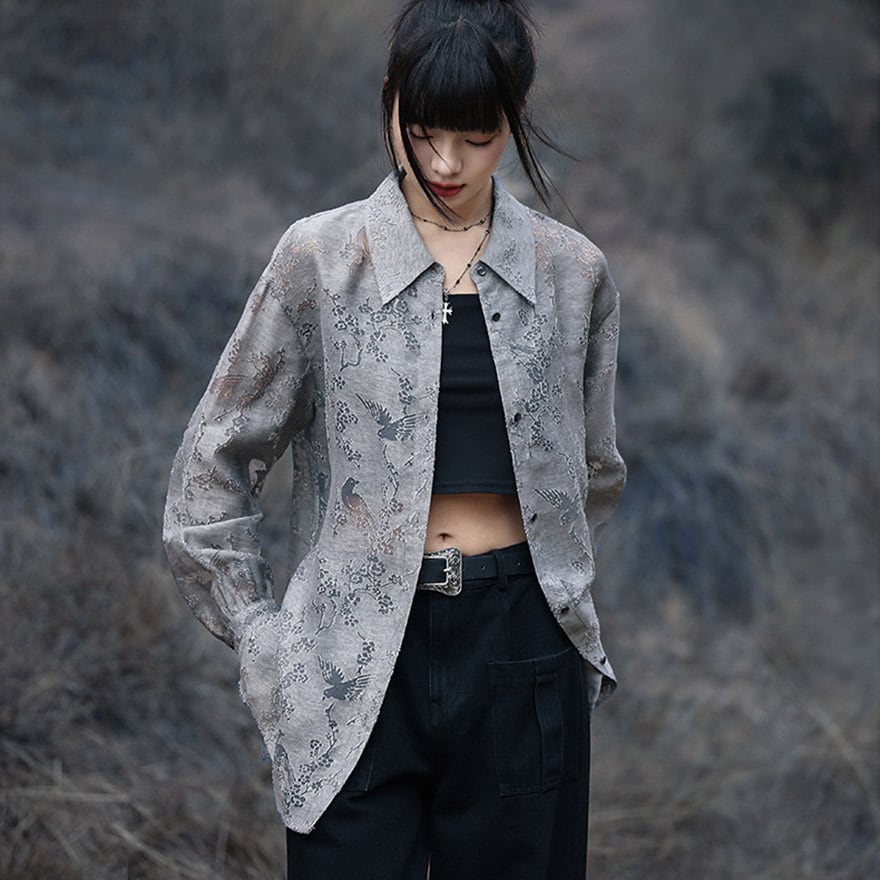 サブカル 服 地雷系 通販 チャイナ風服 シャツ 透け感 花鳥柄 大青龍肆 春夏服