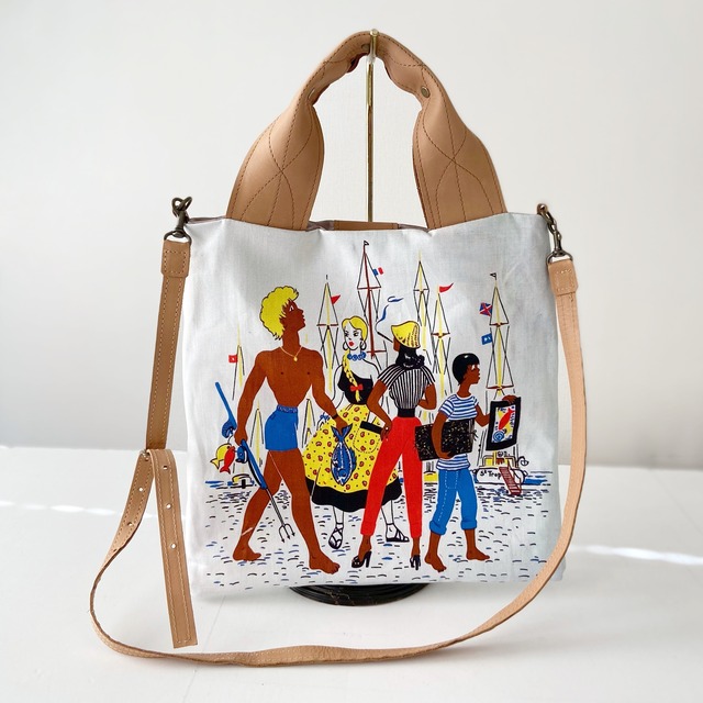 トート&ポシェット2way＊海辺の人々＊プリント＊本革コンビ