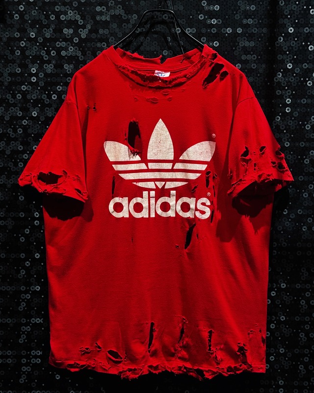 【ÆIEM】original “boro” remake adidas trefoil big logo crash damage TEE - Vivid Red