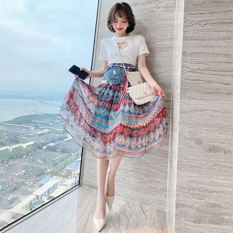 スタンダードプリントハイウェストウェストジッパースカート スプリングサマー レトロ 春物 夏物 ステッチ MIUCO82687002198