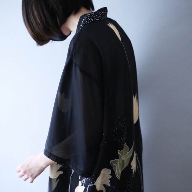 flower art pattern loose silhouette h/s see-through shirt