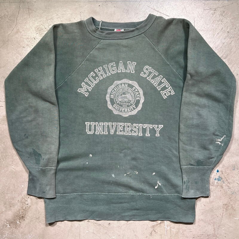 50's 60's HANES WIND SHIELD ヘインズ ラグランスウェット MICHIGAN STATE UNIVERSITY  ミシガン州立大学 カレッジプリント フェードグリーン Mサイズ 40 ペンキ飛び 希少 ヴィンテージ BA-1809 RM2228H | agito 